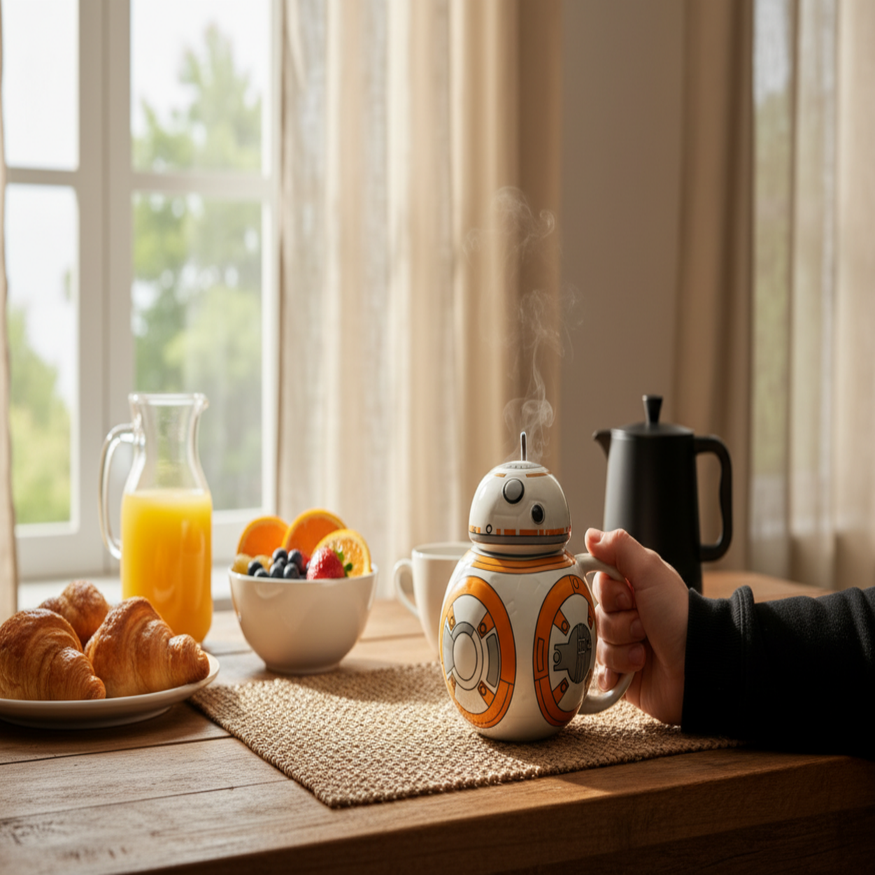 Tasse robot galactique céramique design science-fiction motifs oranges et gris